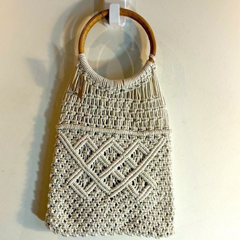 CENING BAGUS Bag Tote Macrame In Ecru And Bamboo Handles NEW WITH TAG